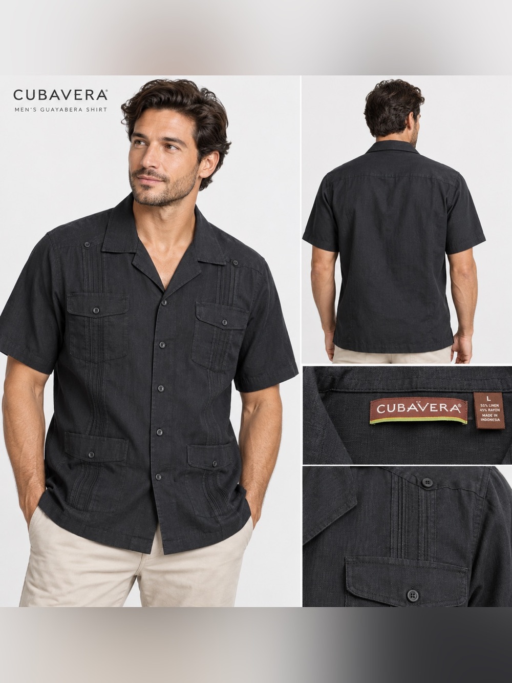 Cubavera Men's Black Short-Sleeve Guayabera Button-Down Shirt Medium